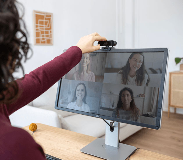 Persona ajustando la Taxon QHD Webcam de Trust sobre un monitor mientras participa en una videollamada grupal, en un entorno hogareño moderno y bien iluminado.