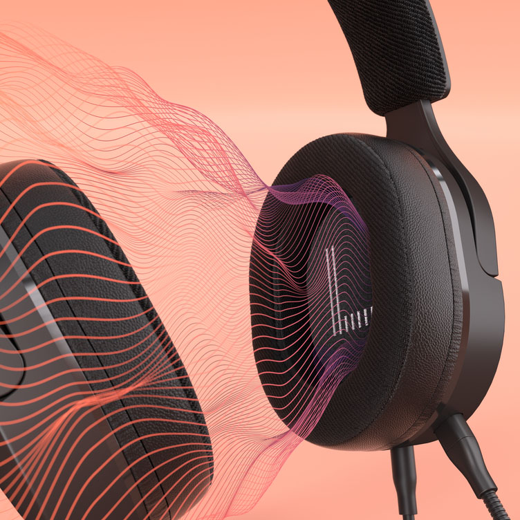 Auriculares Gaming Multiplataforma Trust GXT 489 Fayzo negros sobre fondo color salmón con ondas sonoras visuales en rojo y púrpura emanando de uno de los auriculares.