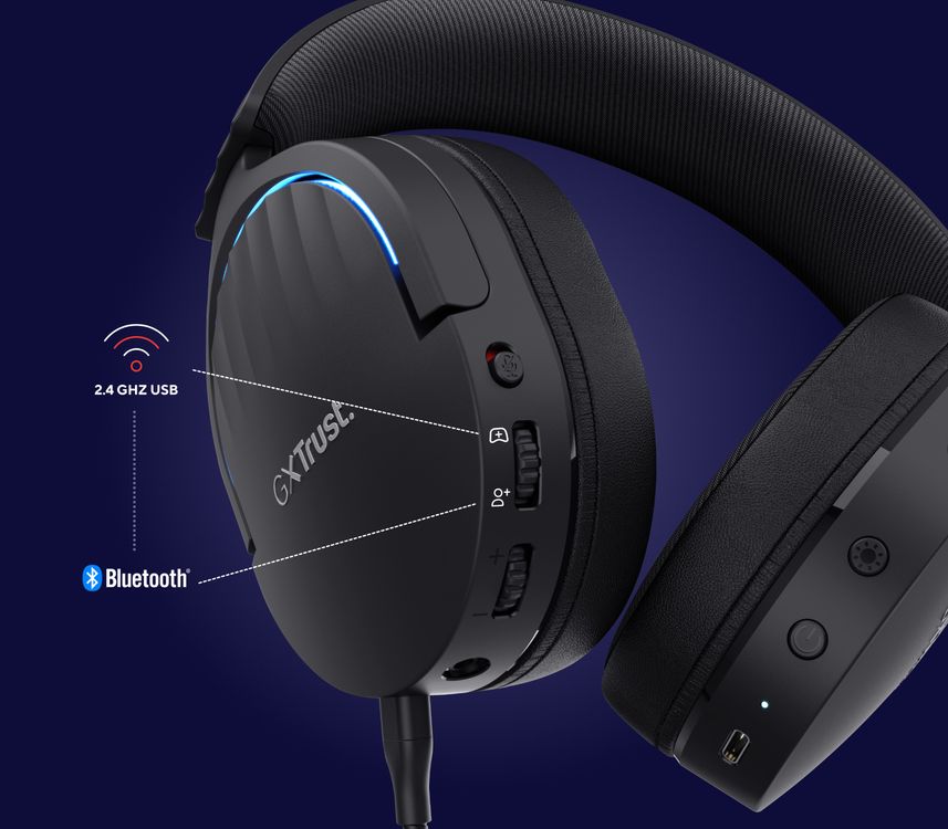 La imagen muestra unos Auriculares Gaming Inalámbricos Trust GXT 491 Fayzo, de color Negro, detallando la funcionalidad inalámbrica dual