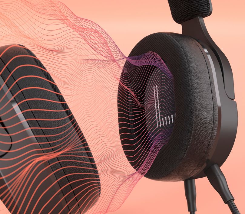 Auriculares Gaming Inalámbricos Trust GXT 491 Fayzo, de color negro, sobre fondo color salmón con ondas sonoras visuales en rojo y púrpura emanando de uno de los auriculares.
