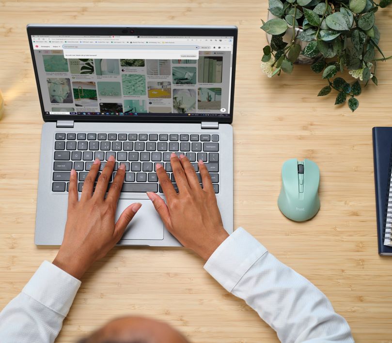 Una persona está utilizando una computadora portátil sobre un escritorio de madera. En la pantalla de la computadora se muestra una colección de imágenes coloridas. Junto al dispositivo hay un Mouse inalámbrico silencioso Trust Mydo de color verde, un cuaderno con espiral y una planta en maceta.