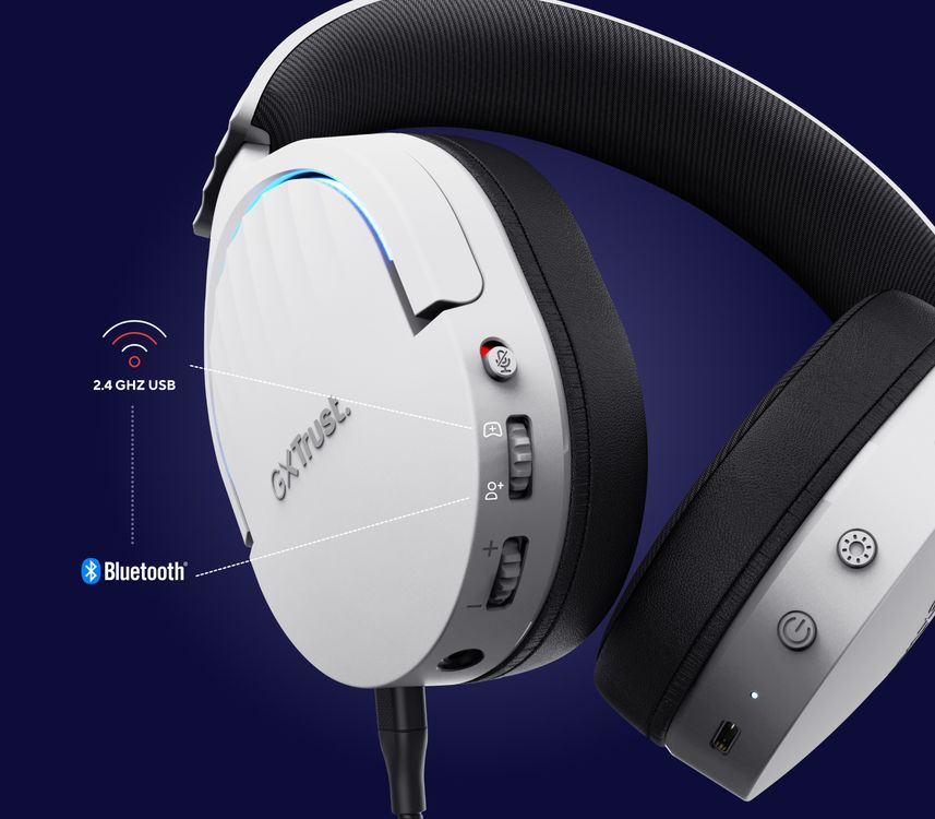 La imagen muestra unos Auriculares Gaming Inalámbricos Trust GXT 491W Fayzo, de color blanco, detallando la funcionalidad inalámbrica dual
