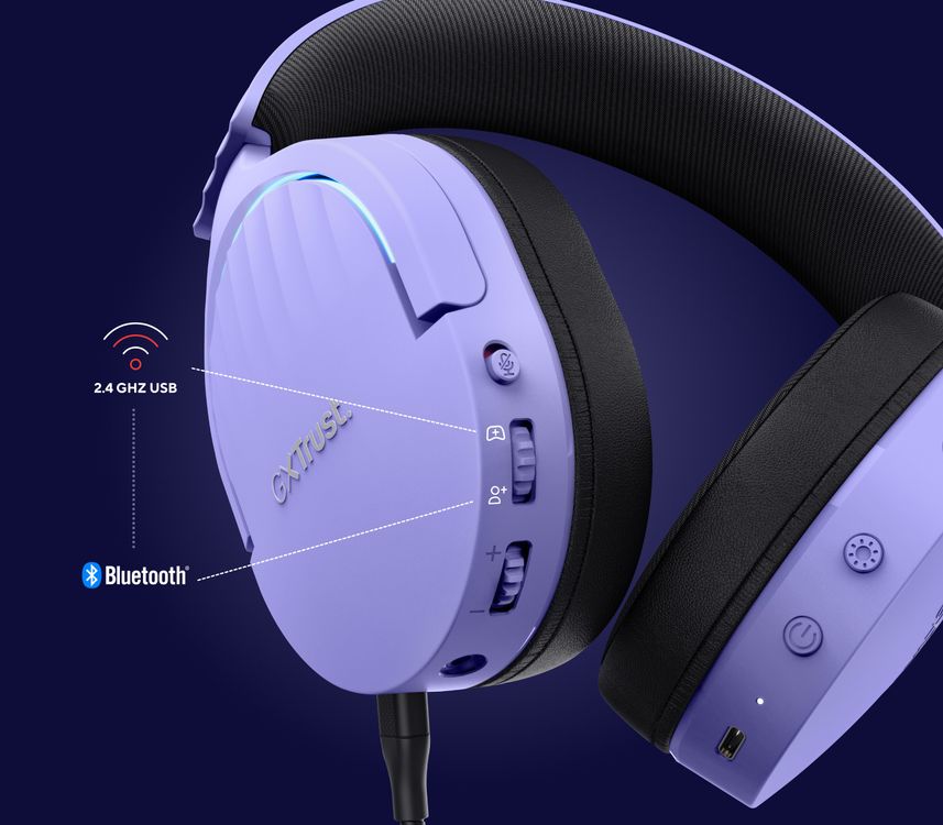 La imagen muestra unos Auriculares Gaming Inalámbricos Trust GXT 491P Fayzo, de color Morado, detallando la funcionalidad inalámbrica dual