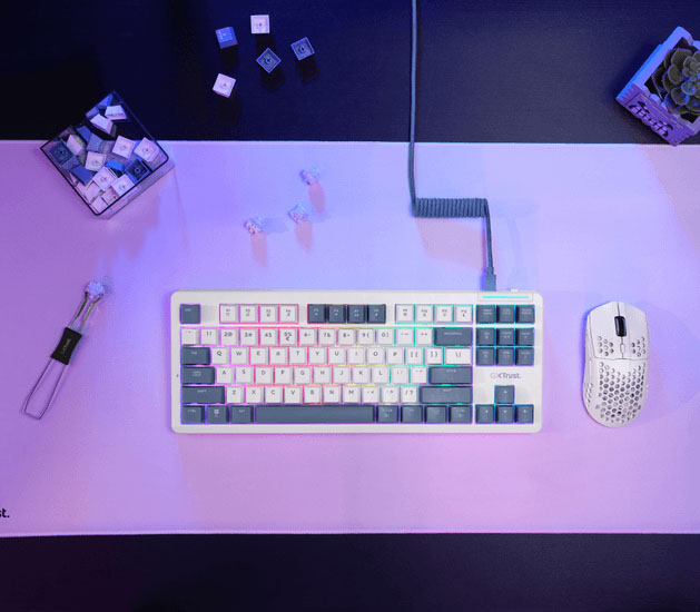 Vista superior de un teclado Trust GXT 872 Xyra TKL con iluminación RGB sobre un escritorio, con mouse al lado y keycaps y switches sueltos alrededor