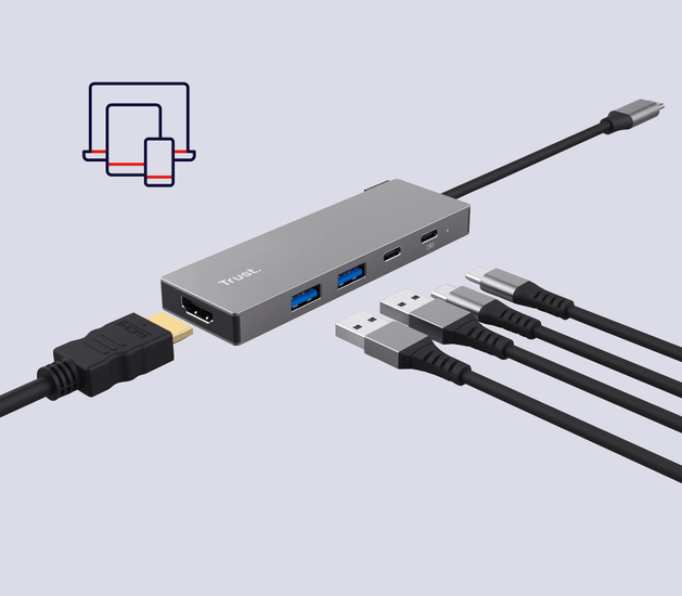 Adaptador multipuerto Trust Dalyx 5 en 1 con conexión USB-C, puerto HDMI, dos puertos USB-A y dos puertos USB-C junto a cables de conexión