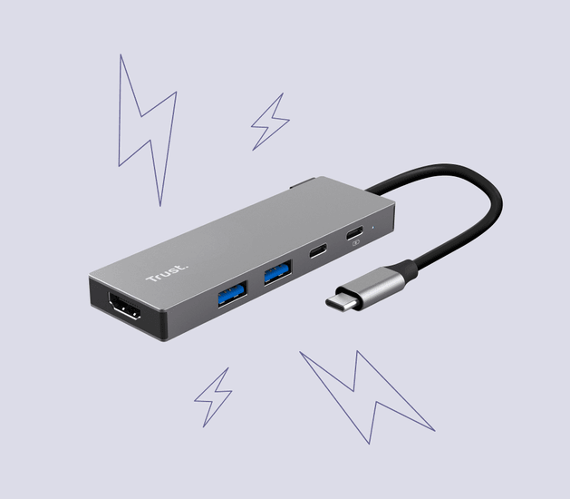 Adaptador multipuerto Trust Dalyx 5 en 1 de aluminio con conexión USB-C, puerto HDMI, dos puertos USB-A y dos puertos USB-C