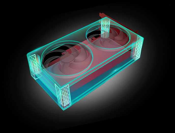 Una representación transparente de una placa de video con dos ventiladores rojos, resaltada con contornos y detalles en azul verdoso sobre un fondo oscuro.