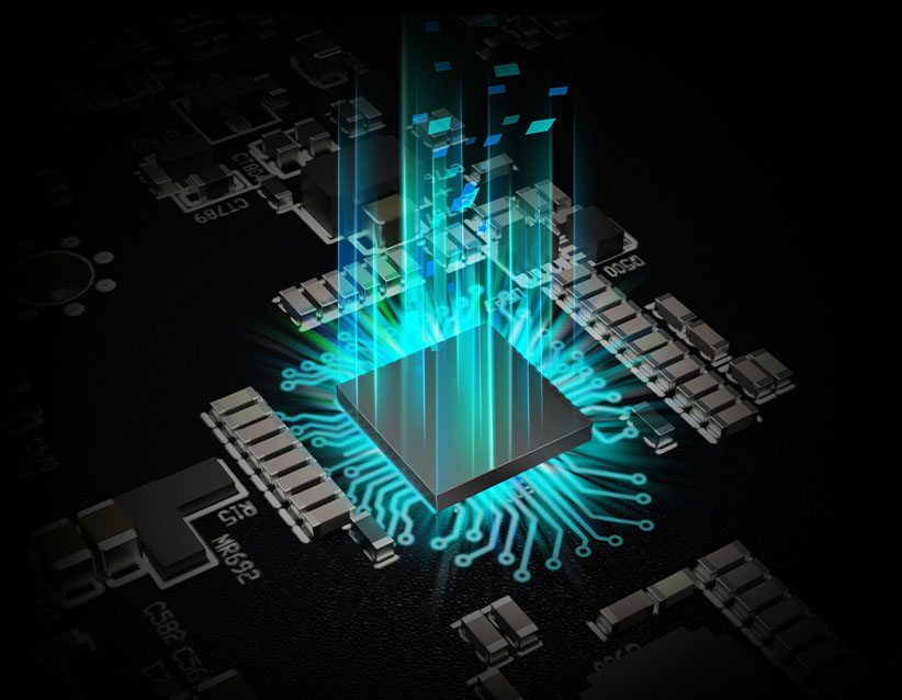 Diseño de Alimentación Digital, Ilustración de un microchip en una placa, con líneas de luz azul que irradian desde el centro, simbolizando la transferencia de datos o procesamiento de alta velocidad.