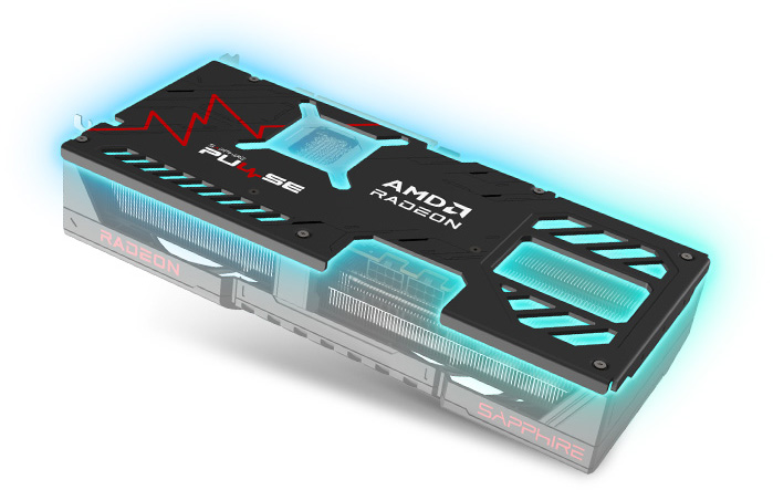 Una representación de una placa de video Sapphire Pulse AMD Radeon con iluminación azul y detalles en rojo sobre un fondo blanco.