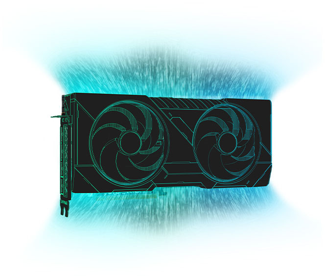 Una ilustración lineal de una placa de video con dos ventiladores, rodeada de un aura azul brillante sobre un fondo blanco.