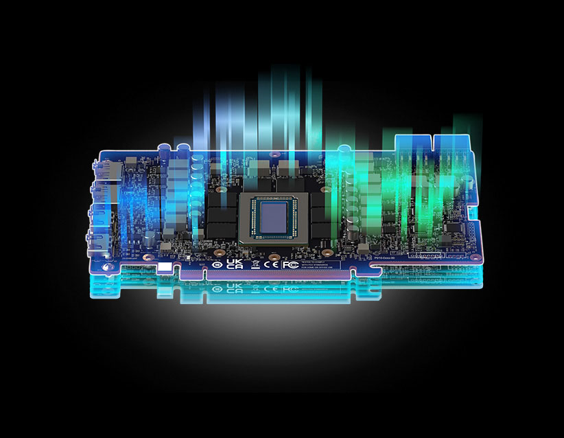 Una representación transparente de una placa de circuito azul oscura con un microprocesador central y flujo de datos estilizado en tonos azules y verdes sobre un fondo negro.