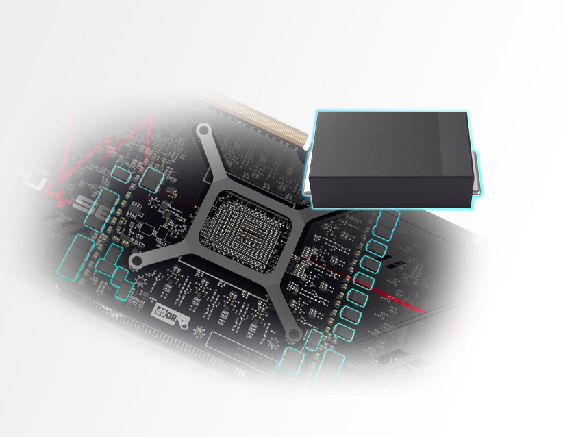 Capacitor De Aluminio De Polímero Conductor De Ultra Alto Rendimiento. Tarjeta gráfica de computadora con circuitos visibles y un procesador central, sobre fondo blanco con efecto de desvanecimiento.