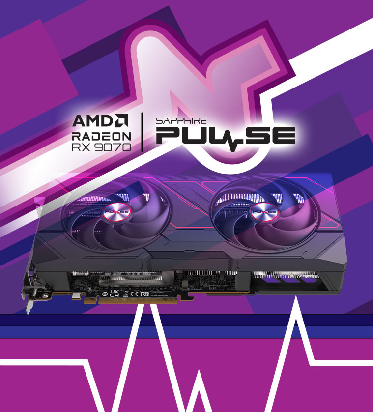 Una placa de video SAPPHIRE PULSE AMD Radeon™ RX 9070 sobre un fondo abstracto en tonos morados y blancos.