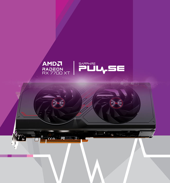 AMD Radeon™ RX 7700 XT / SAPPHIRE PULSE - Placa de video SAPPHIRE PULSE AMD Radeon™ RX 7700 XT 12GB, sobre fondo abstracto en tonos morados y grises.