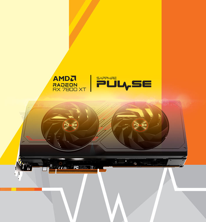 AMD Radeon™ RX 7800 XT / SAPPHIRE PULSE - Placa de video SAPPHIRE PULSE AMD Radeon™ RX 7800 XT 16GB, sobre fondo abstracto en tonos amarillos y grises.