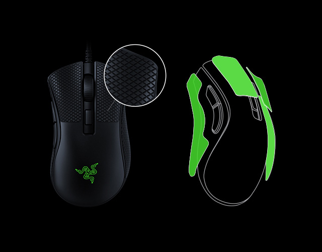 Razer DeathAdder V2 Mini - Detalle de los agarres del mouse y set de cintas de agarre antideslizante