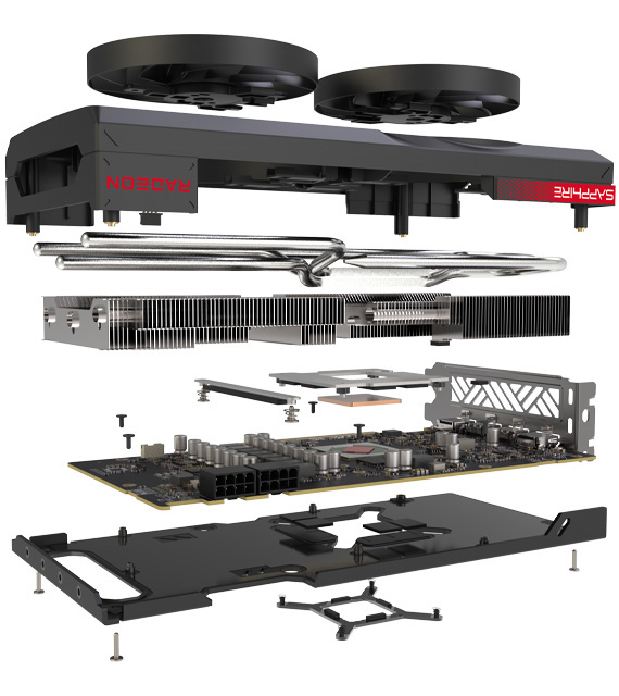 Vista explotada de las partes de la placa SAPPHIRE PULSE AMD Radeon™ RX 7600 XT