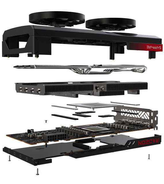 Vista explotada de las partes de la placa SAPPHIRE PULSE AMD Radeon™ RX 7800 XT 16GB