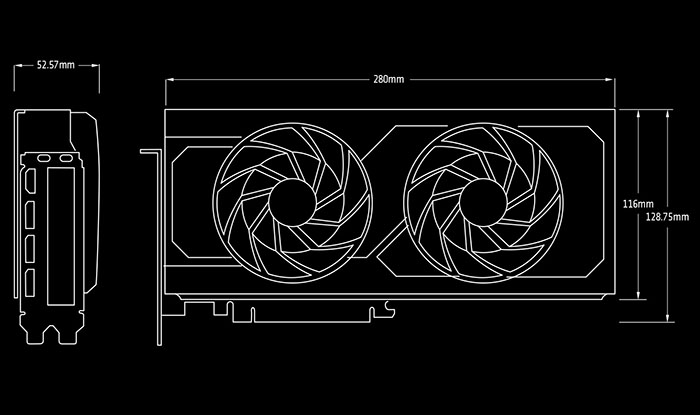 Dimensiones de la Placa de video SAPPHIRE PULSE AMD Radeon™ RX 7800 XT 16GB. 280 mm (L) X 128.75 mm (W) X 52.57 mm (H)