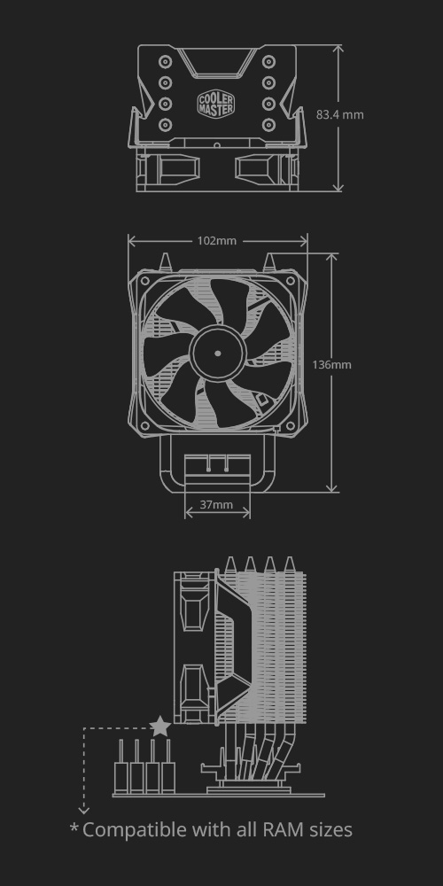 Diagrama y medidas del Cooler para CPU Cooler Master Hyper H410R RGB. 136mm de alto, 83.4mm de ancho y 102mm de largo. Compatible con todos los tamaños/alturas de RAM