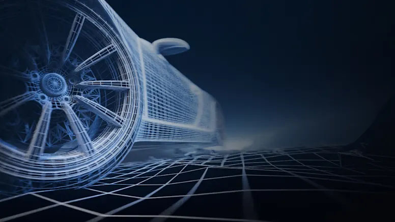 Modelo de coche de carreras en wireframe (estructura de alambre) de color azul claro sobre una cuadrícula de wireframe en un fondo oscuro, con la rueda delantera y el lateral del coche en primer plano, evocando la tecnología de force feedback.