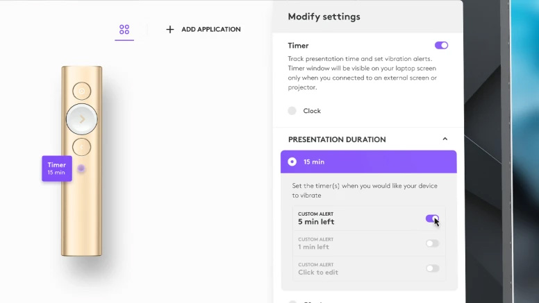 Configuración del temporizador en el software Spotlight con un control dorado, indicando alerta personalizada de vibración a los 5 minutos restantes.