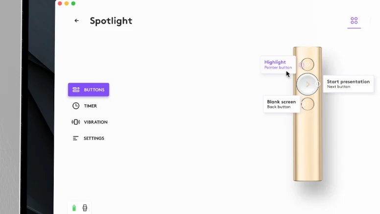 Interfaz del software Spotlight mostrando un control dorado con etiquetas para personalizar funciones de los botones de presentación.