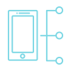 Ícono de un teléfono inteligente de color celeste del que salen tres líneas horizontales hacia la derecha, cada una terminando en un círculo celeste.