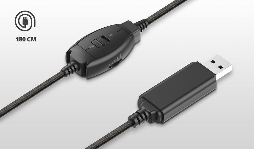Detalle del conector USB y los controles en el cable de los auriculares Trust rydo