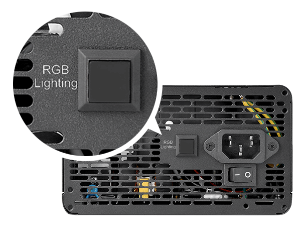 Fuente Thermaltake Smart BX1 RGB, vista trasera, detalle del botón RGB