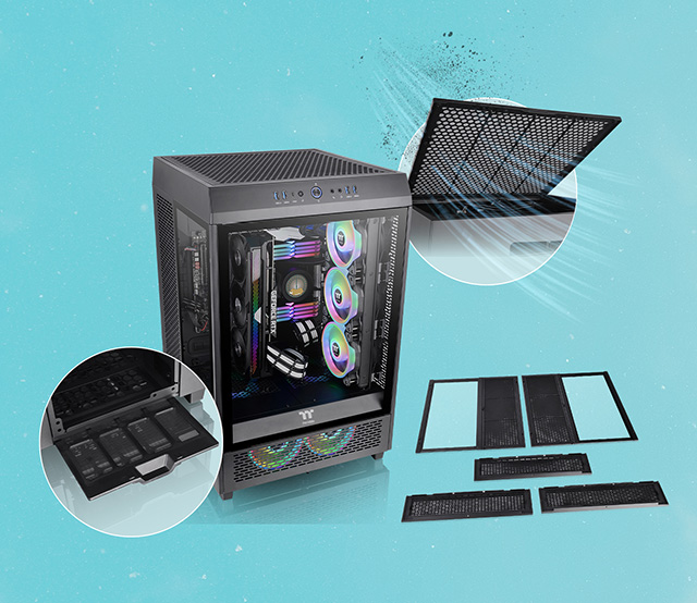 Gabinete Thermaltake Tower 500 negro, detalle de los siete filtros de partículas magnéticos fácilmente desmontables