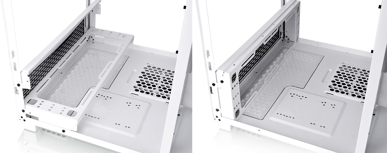 Gabinete Thermaltake The Tower 500 Snow, detalle del soporte para ventiladores que se puede instalar vertical u horizontalmente