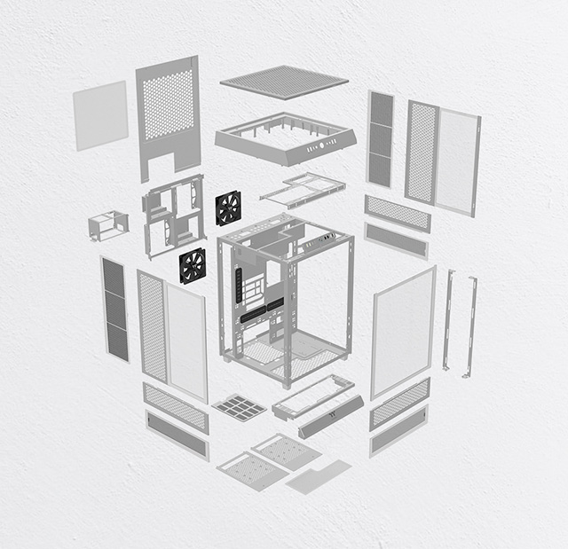 Vista explotada del Gabinete Thermaltake Tower 500 Snow, DMD: Diseño Modular Desmontable