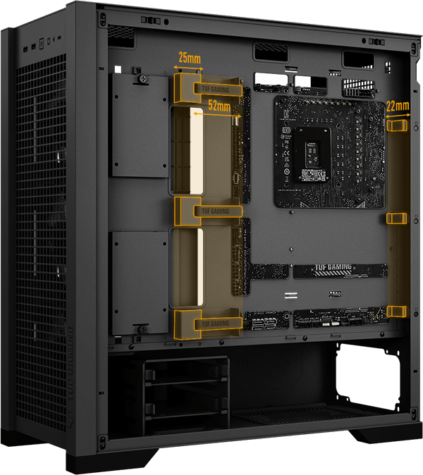 Vista lateral de tres cuartos del TUF Gaming GT302 que muestra la parte inferior de la bandeja de la motherboard para indicar los 25 mm, 52 mm y 22 mm de espacio de gestión de cables resaltados en naranja
