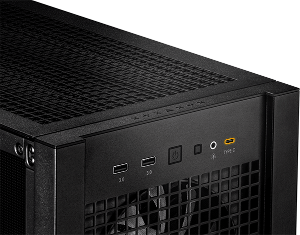 Detalle del panel frontal de E/S del TUF Gaming GT302 ARGB con el puerto USB Tipo-C resaltado en naranja