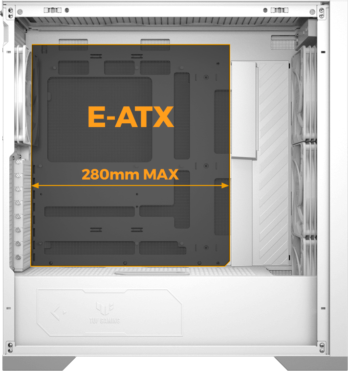 Vista lateral de TUF Gaming GT302 ARGB con un diagrama de motherboard para resaltar la compatibilidad con motherboards EATX de hasta 280 mm de ancho