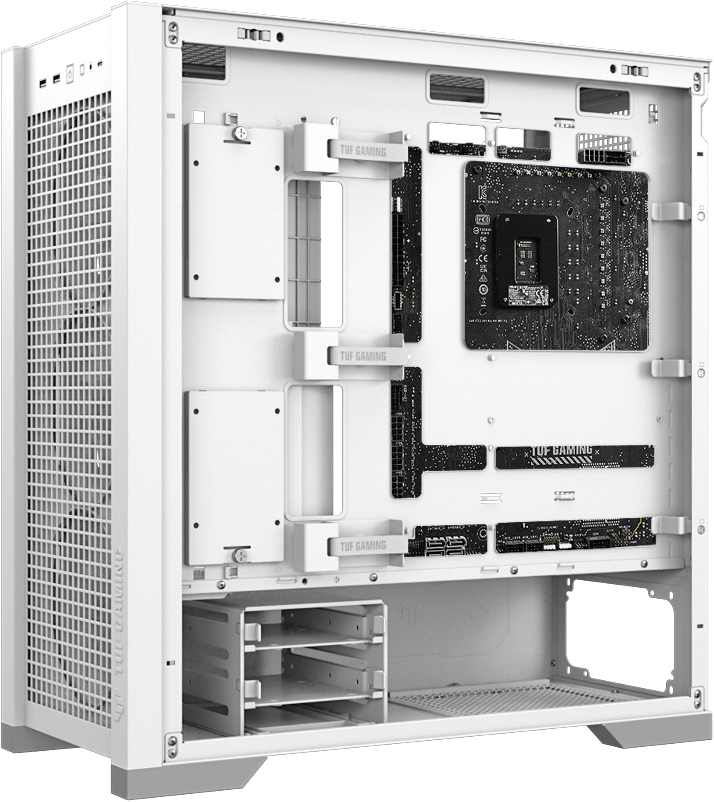 Vista lateral de tres cuartos de la TUF Gaming GT302 mostrando la parte inferior de la bandeja para motherboard que indica el soporte para motherboards con conectores ocultos.