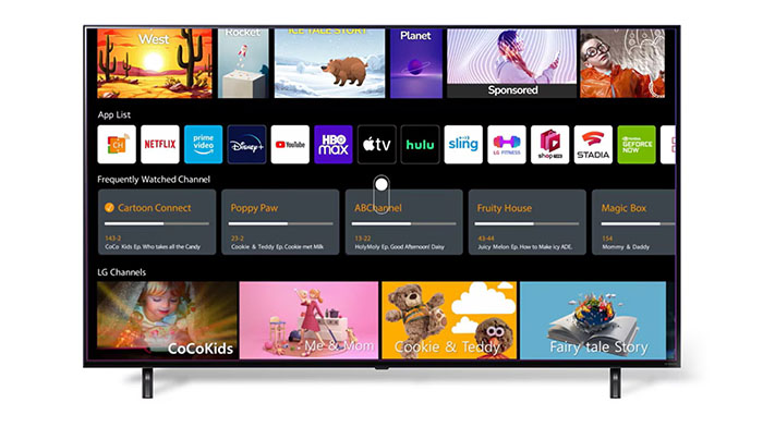 LG NanoCell TV que muestra las páginas de la cuenta LG de tres usuarios diferentes y recomendaciones personalizadas.