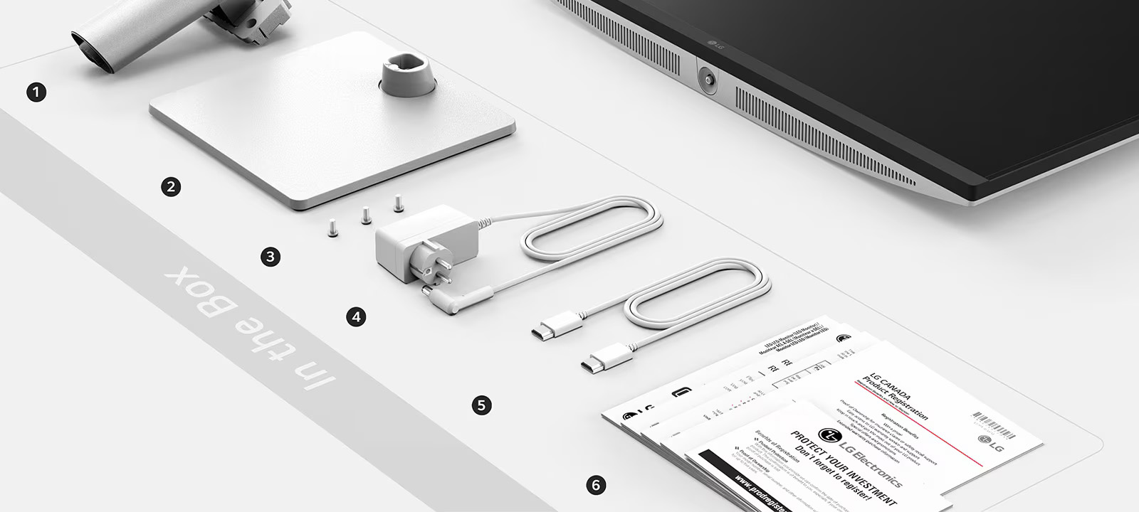 Contenido de la caja: 1. Cuerpo del soporte 2. Base del soporte 3. Tornillos 4. Adaptador de corriente 5. Cable HDMI 6. Guía de inicio rápido, tarjeta de registro, garantía