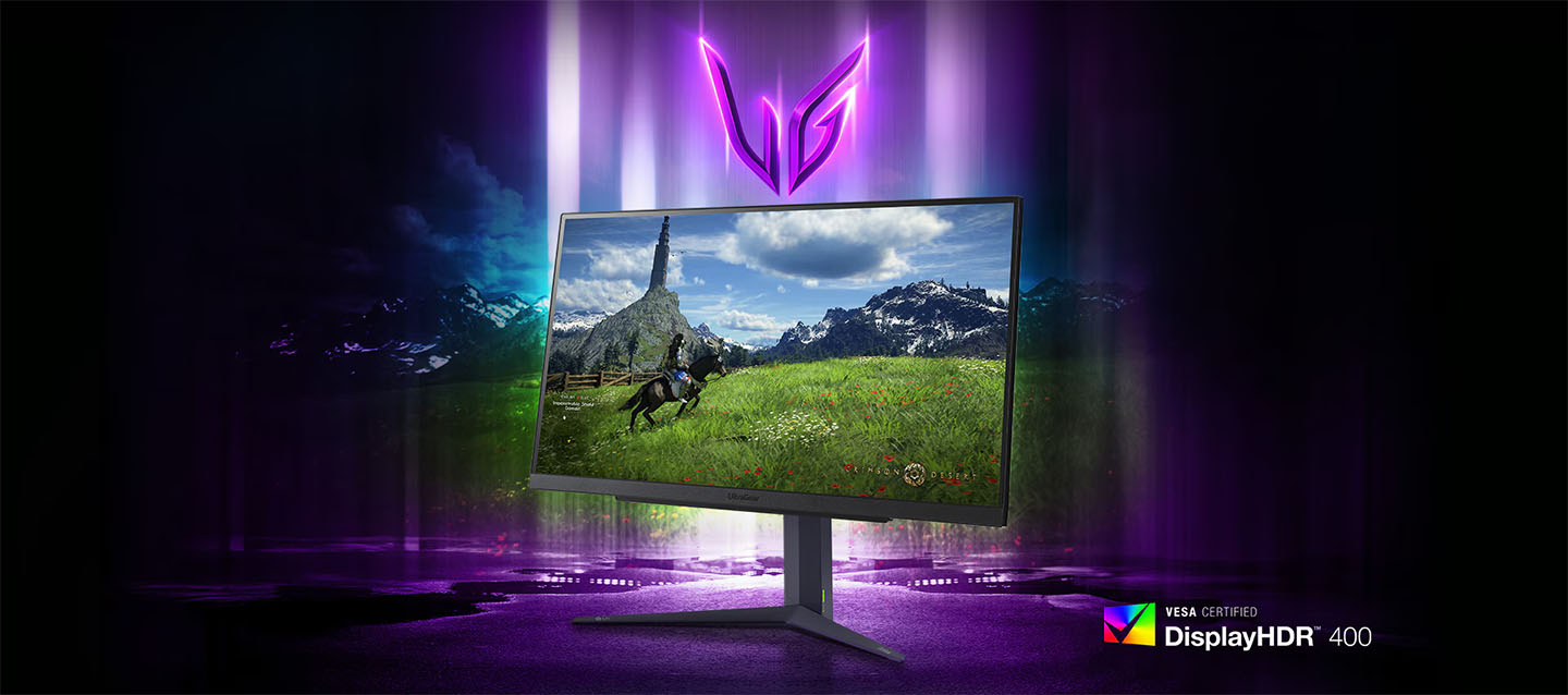Logo LG UltraGear™ y Monitor Gaming LG UltraGear™ 27GS85Q-B de 27 pulgadas. Vesa Certified DisplayHDR™ 400