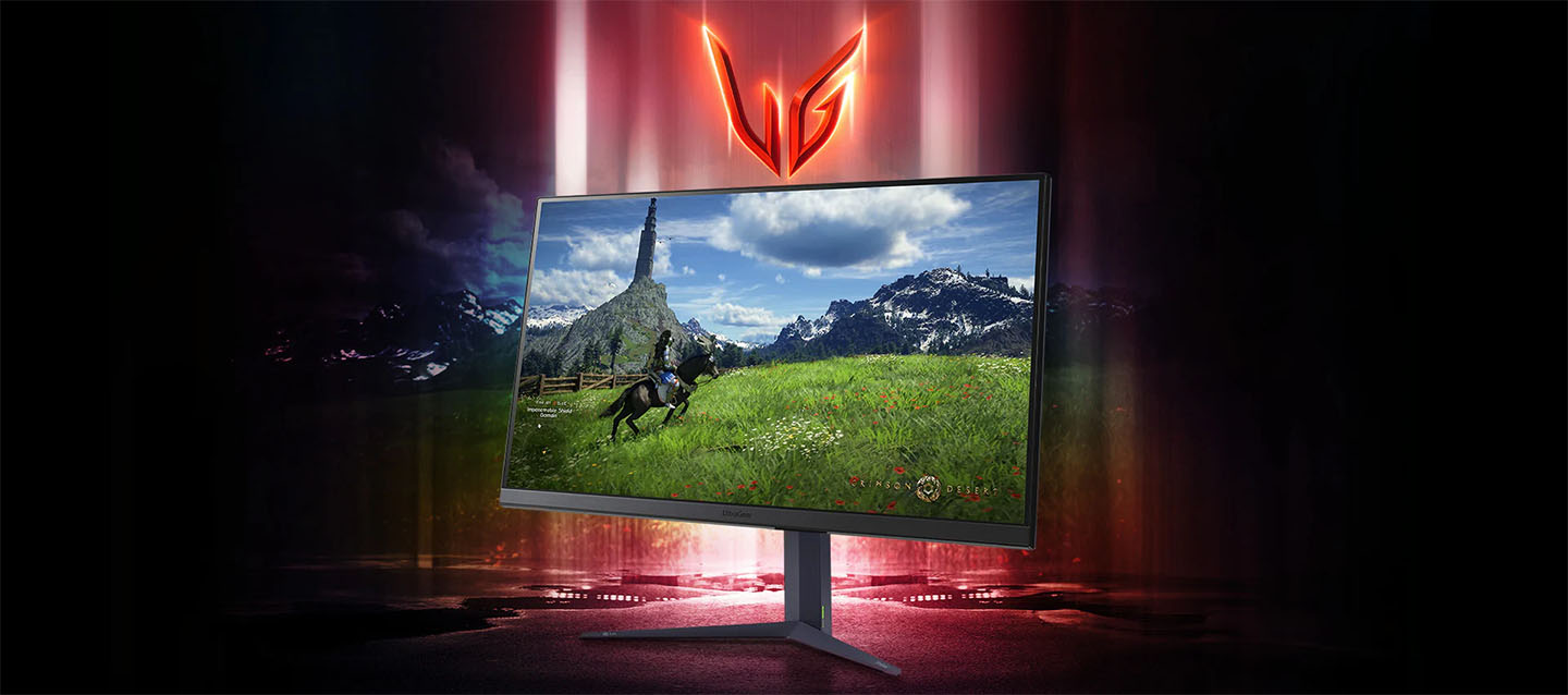 Logo LG UltraGear™ y Monitor Gaming LG UltraGear™ 32GS85Q-B de 32 pulgadas.