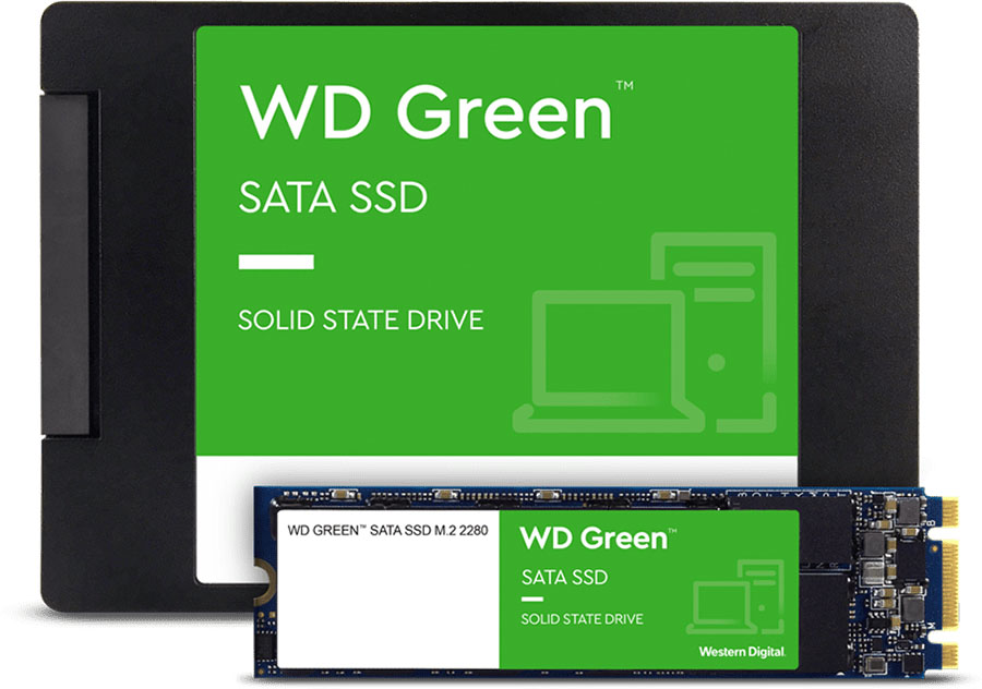 2 Discos WD Green SATA SSD, modelo con carcasa de 2,5 pulgadas/7 mm y versión M.2 2280