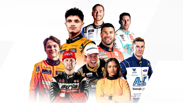 Un collage de nueve pilotos de carreras profesionales, con sus trajes de competición