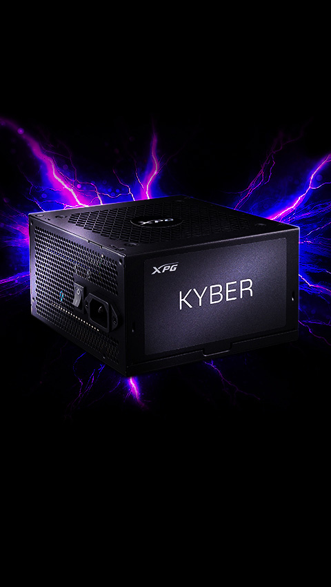 Fuente de alimentación XPG KYBER en color negro con fondo oscuro e iluminación eléctrica violeta
